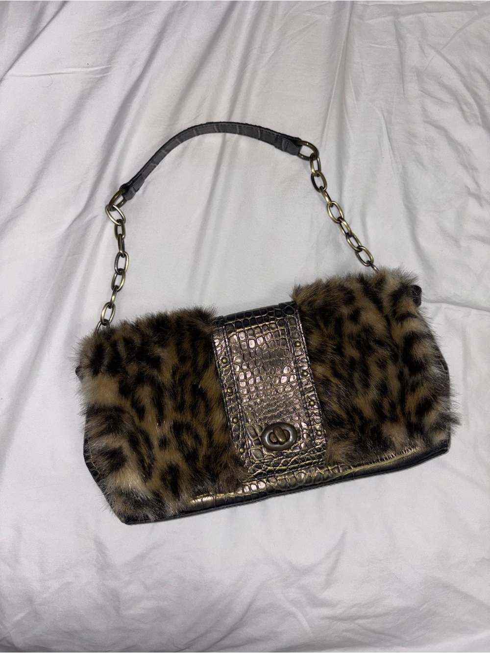 MX Leopard Faux Fur Chain Shoulder Bag - Brown